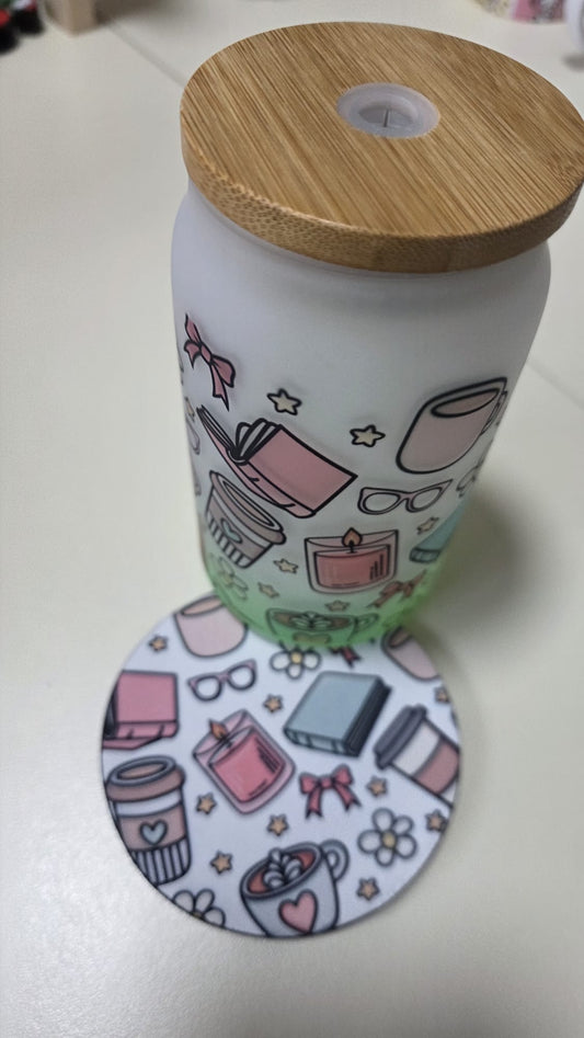 Book Worm 16oz Frosted Glass Can